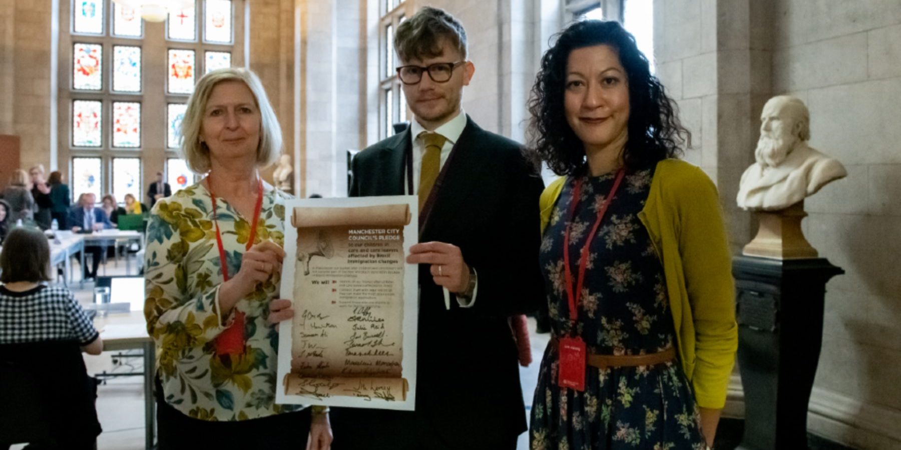 GMIAU's Amanda and Denise in 2020 with Councillor Garry Bridges signing Manchester's pledge to support their children and young people affected by Brexit.